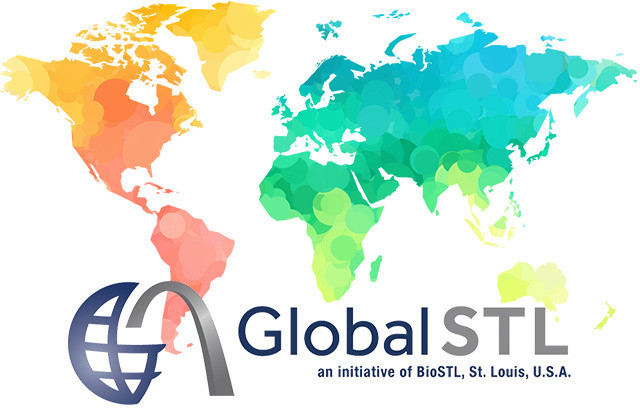 Colored world map with GlobalSTL logo