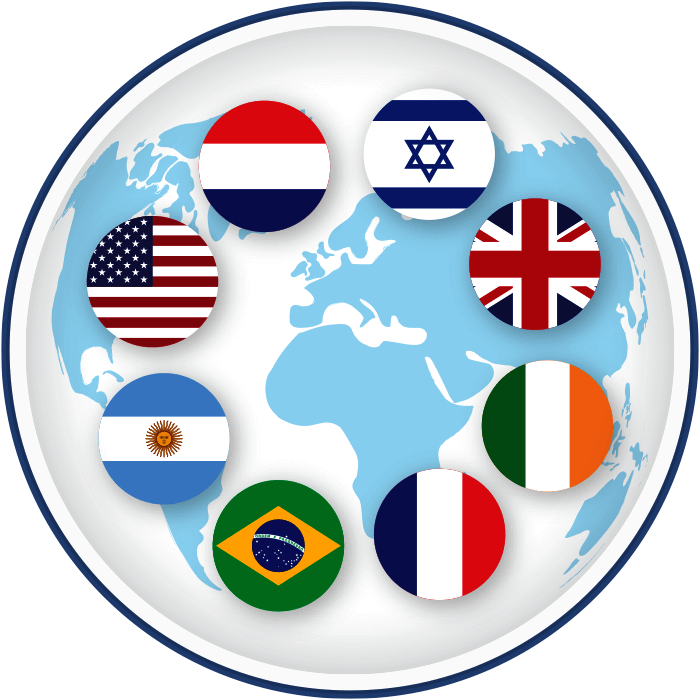 Illustration with flag icons for USA, Israel, Brazil, Ireland, France, Netherlands, Argentina, and United Kingdom